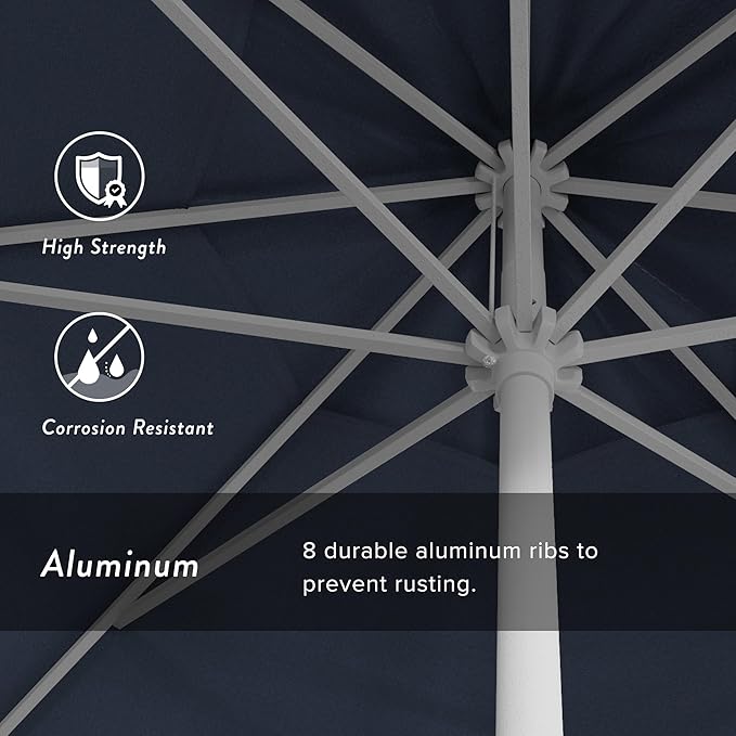 California Umbrella 12-Year Protection 9' Rd Aluminum Patio Umbrella, Crank Lift, Auto Tilt, White Finish, Sunbrella Regatta
