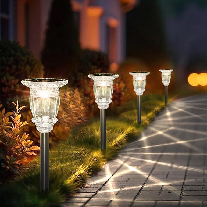 Solar Pathway Lights Outdoor 4 Pack, Warm White Solar Garden Lights, 17.5" IP65 Waterproof Glass Stainless Steel Tungsten Solar Powered Landscape Lights for Yard Walkway Driveway Patio Lawn Flower Bed