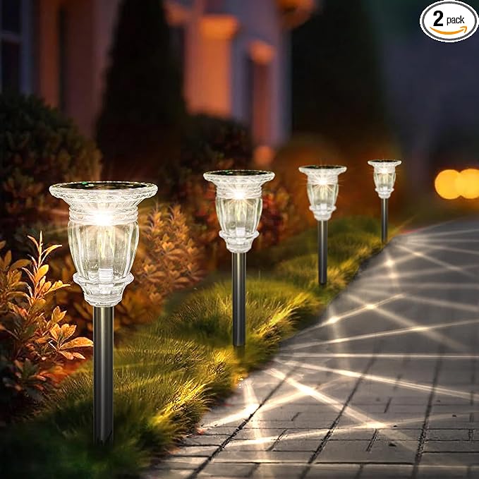 Solar Pathway Lights Outdoor 2 Pack, 3 Color Temperature White Solar Garden Lights, 17.5" IP65 Waterproof Glass Stainless Steel Solar Powered Landscape Lights for Yard Walkway Driveway Patio Lawn