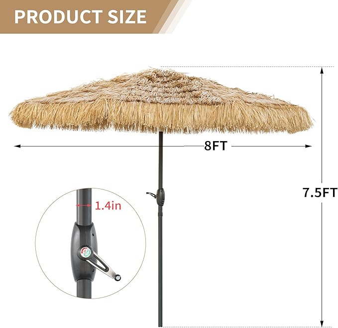 8FT Tiki Umbrella, Patio Umbrella Thatched Umbrella Outdoor Patio, Upgrade with UPF 50+, Tiki Beach Umbrellas with Zinc Alloy Push Button Tilt and for Pool Backyard