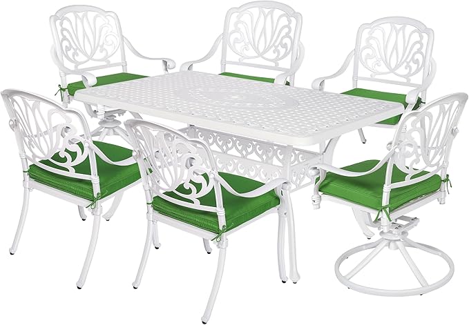 VIVIJASON 7-Piece Outdoor Furniture Dining Set, All-Weather Cast Aluminum Patio Conversation Set, Include 4 Stationary Chairs, 2 Swivel Dining Chairs and a Rectangle Table with Umbrella Hole, White