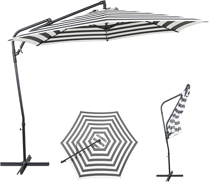 10FT Offset Patio Umbrella, Cantilever Hanging Umbrella with Infinite Tilt, Fade-Resistant Water-Repellent Canopy & Cross Base for Yard, Garden & Deck