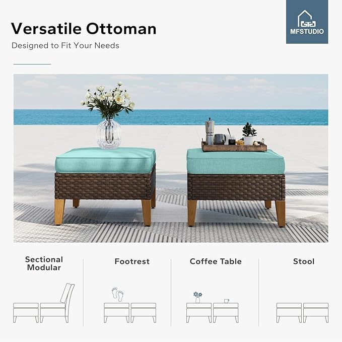 MFSTUDIO 11 Pieces Wicker Patio Furniture Set, All-Weather Rattan Outdoor Half-Moon Curved Sectional Sofa Set for Garden, Backyard, 4 x Curved Sofa, 3 x Armless Couch 4 x Ottoman(Aqua Blue Cushions)