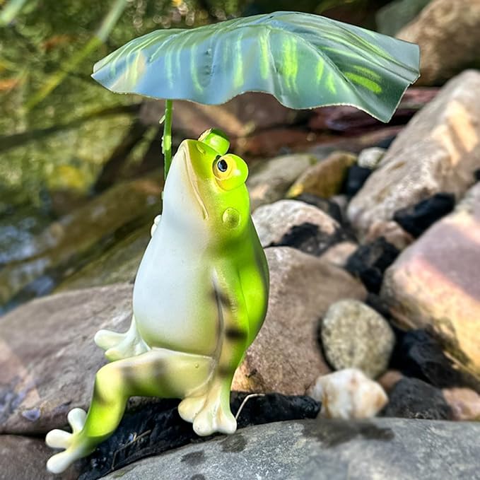 OwMell Umbrella Frog Statue for Garden, Green Frog Figurine, Outdoor Decor | This creative frog ornament brings a lot of vigour to your yard or garden. Garden Decoration Resin Sculpture 6 Inches Gift