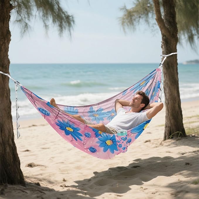 Oil Painting with Retro Blue Flowers 330lb Capacity Outdoor Hammocks with Portabl Carry Bag Backyard Hammock for Outside Beach Patio Garden Base para poner hamaca