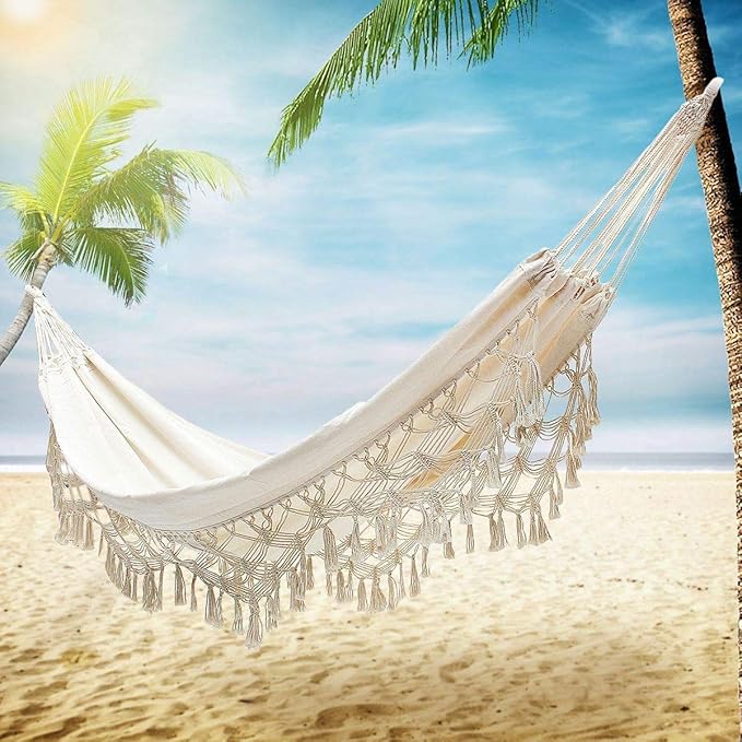 Boho Large Brazilian Macrame Double Hammock Swing Bed with Carry Bag for Patio,Bedroom, Yard, Beach, Indoor, Outdoor & Wedding Party Decor, White(Beige) Party