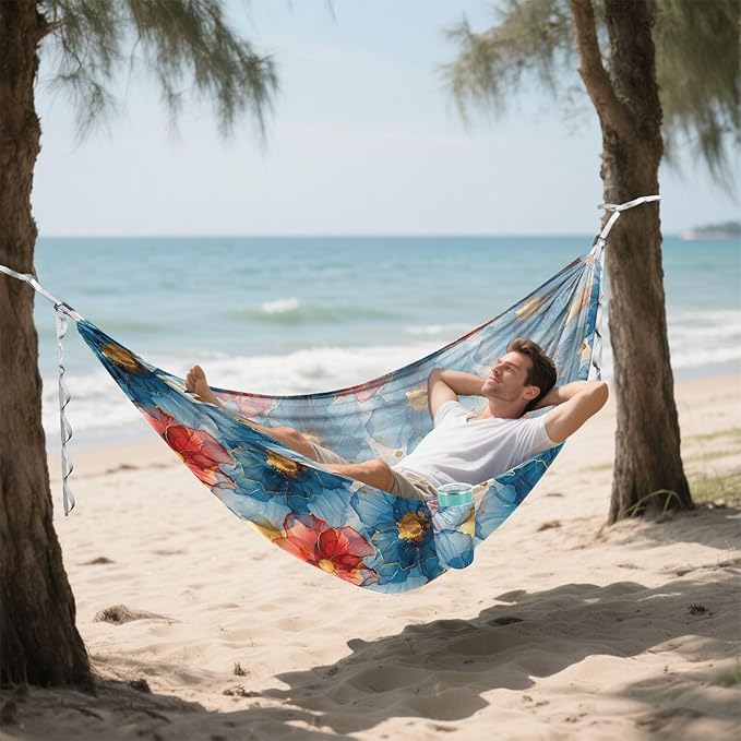 Camping Hammock Outdoor Hammocks for Outside Ink Flower Blue Red Beach Trees Portable Lightweight with Pockets Tree Straps Indoor Small