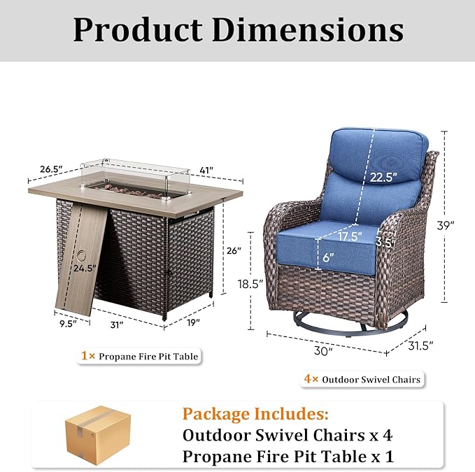 Luxury High Back Patio Furniture Set with Fire Pit Table & 6-Inch Thick Cushions, 5-Pieces Outdoor Furniture with 4 Swivel Chairs, Wicker Conversation Set for Porch, Balcony, Deck and Yard, Brown/Blue