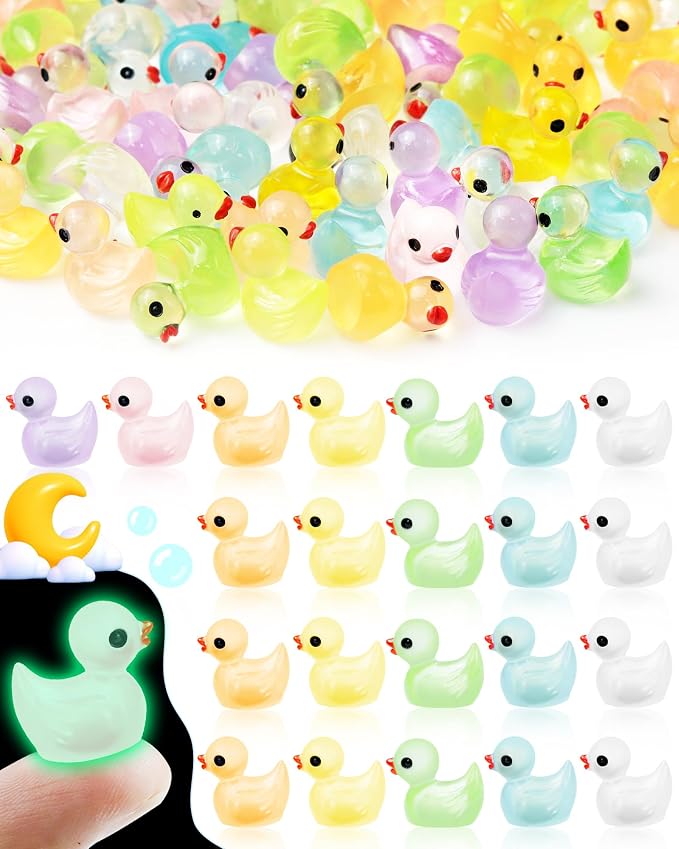 FIVEIZERO Glow in The Dark Mini Ducks Bulk 100 Pcs - Luminous Tiny Resin Ducks with 8 Colors, Small Plastic Ducks for Dollhouse Decor, Fairy Garden, Aquarium, Party Favors, Hide & Seek Prank Toys