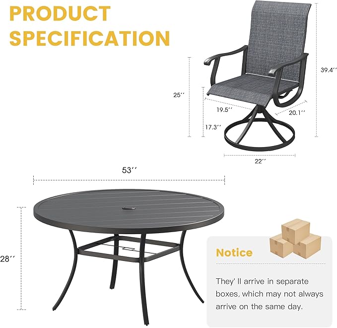 VICLLAX Patio Dining Set for 6, 7 Pieces Outdoor Furniture Includes 53" Round Patio Table with Umbrella Hole and 6 Outdoor Swivel Chairs for Lawn Garden, Black Tabletop and Dark Grey Fabric
