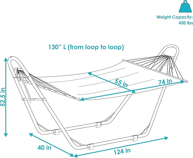 Sunnydaze Quilted Double Hammock with Stand for Outside - 440 lb Capacity Universal Black Steel Stand - UV Resistant, Quick Dry Fabric - Pillow, Chains, and Hardware Included - Blue and Green