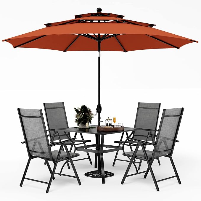 PHI VILLA Outdoor Dining Set with Umbrella for 4, Patio Dining Funiture Set with Metal Outdoor Table and Chairs Foldable with Adjustable Backrest (No Umbrella Base)