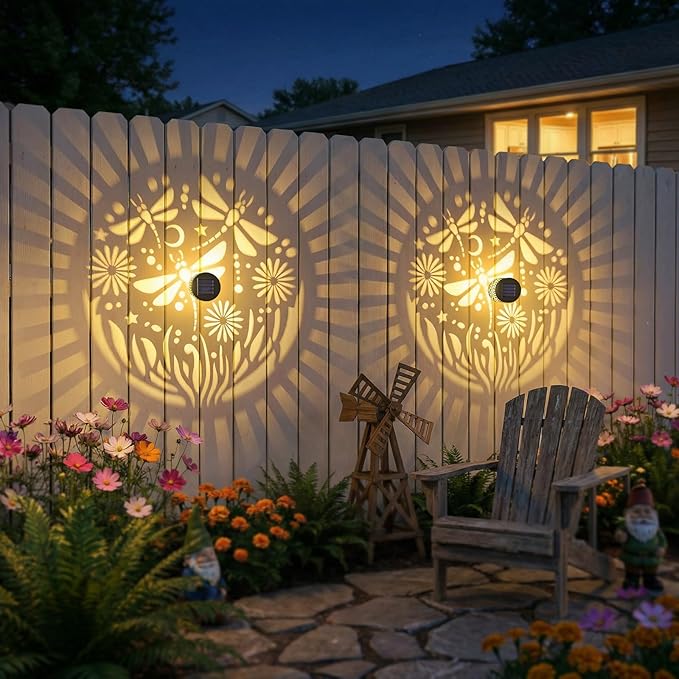 2 Pack Solar Fence Lights Outdoor Wall Lights Metal Solar Powered Deck Step Stair Lights Dragonfly Theme Waterproof Fence Solar Light for Garden Post Patio Yard Decor, Gardening Gifts for Women Mom