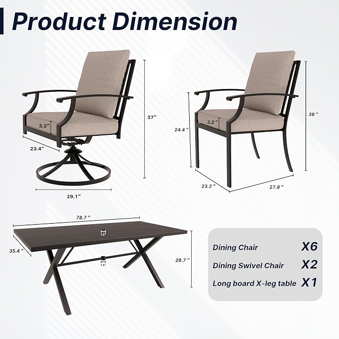9 PCS Outdoor Patio Dining Set,Patio Table and Chairs Metal Outdoor Patio Furniture Set with Umbrella Hole,Dining Table Set with Swivel Chairs for Deck,Backyard and Garden,Brown