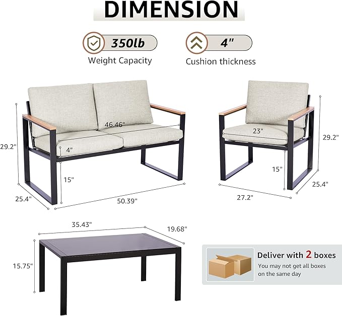 NATURAL EXPRESSIONS 4 Pieces Patio Furniture Sets,Metal Outdoor Patio Furniture Sets,Outdoor Sectional Patio Conversation Set,Wooden Anti-Scald Armrest,Sling Mesh,4" Olefin Cushions