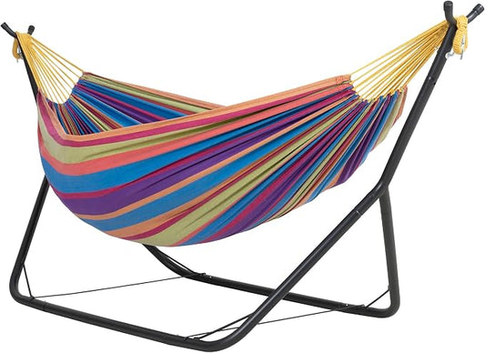 ANOW Double Hammock with Stand for Outside, Portable Space Saving Hammock Stand with Adjustable Height for Indoor Outdoor, 475 Lbs Capacity, Rainbow Stripes
