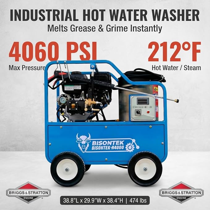 Hot Water Pressure Washer 4000PSI 4GPM,420cc 13.5HP Gas Engine with AR Pump, Commercial Heavy-Duty Power Washer for Trucks, Machinery, Concrete, Industrial Grease (Blue)