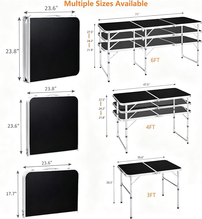 3 Feet Small Folding Table with Adjustable Height, Lightweight Portable Utility Table for Travel Picnic BBQ Fishing RV Car Tailgate Camping Beach Outdoor Essentials, MDF Tabletop, Black 10Pcs