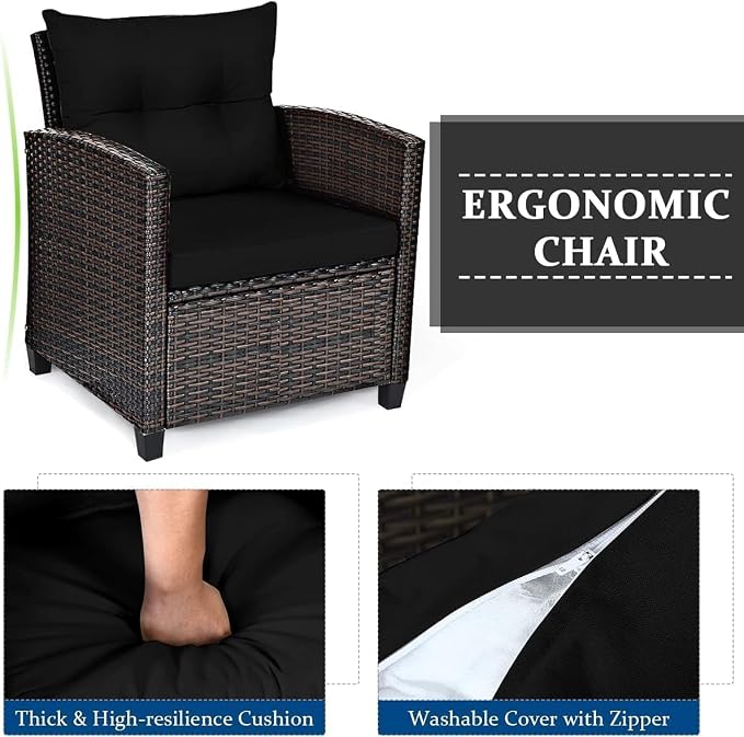 HOMGX 3 Pieces PE Rattan Wicker Patio Sofa Chairs, Outdoor Furniture Conversation Sets with Washable Cushion & Glass Table, Rattan Sofa Set for Balcony, Porch, Yard, Backyard, Lawn, (Black)