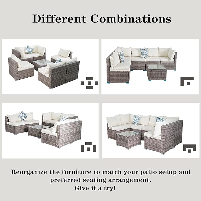 7 Piece Outdoor Patio Sectional Sofa Set, All-Weather Wicker Patio Furniture Set, with able Cushions & Tempered Glass Table for Backyard, Poolside, Garden Patio Conversation Sets