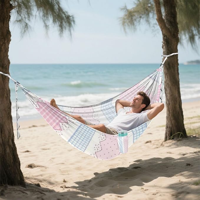 Blue and Pink Cute Lace Stripes 330lb Capacity Outdoor Hammocks with Hanging Rope Rope Hammock for Indoor Outdoor Patio hamacas para Patio