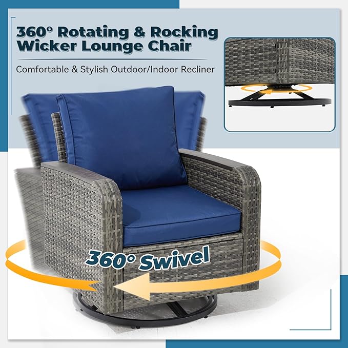5 Pieces Outdoor Furniture Set with Swivel Chairs, Wicker Patio Furniture Sets for Porch Deck Bistro Lawn Garden Backyard Poolside-Blue
