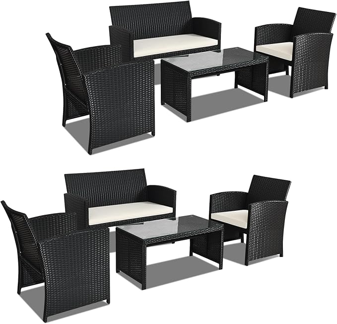 DORTALA 8 Pieces Patio Wicker Conversation Furniture Set, Outdoor Rattan Sofas with Bistro Sets with Coffee Table for Courtyard Balcony Wicker Chairs with Soft Cushion and Table, White