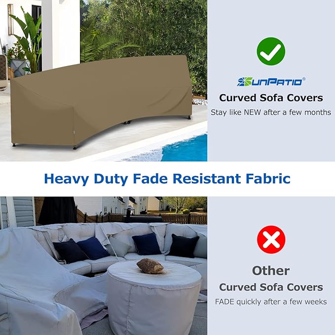 SunPatio Outdoor Curved Sectional Sofa Cover, Heavy Duty Waterproof Patio Couch Cover, All Weather Protection Furniture Protector with Sealed Seam, 190"(back)/128"(front)L x 36"W x 39"/24"H, Taupe