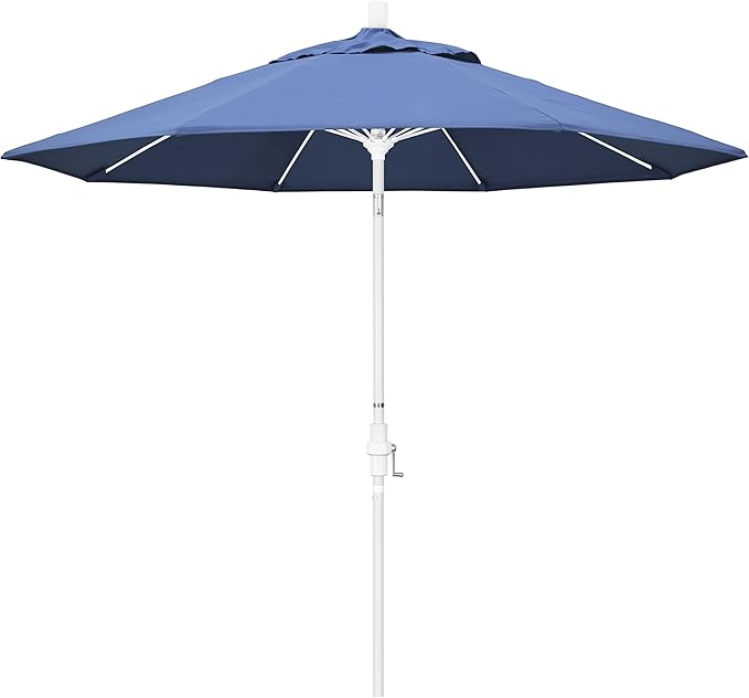 California Umbrella 9' Round Aluminum Pole Fiberglass Rib Patio Umbrella, Crank Lift, Collar Tilt, White Finish, Frost Blue Olefin