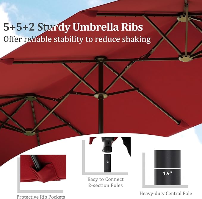 HAPPYGRILL 13 FT Double-sided Patio Umbrella with Solar Lights, Crank Handle & 12 Heavy-Duty Ribs, Outdoor Twin Size Oversized Rectangle Market Umbrella for Garden Deck Poolside