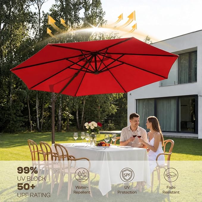 Kingdura Cantilever Patio Umbrella with Double Top Vent, Large Square Aluminum Outdoor Offset Umbrella with 360-degree Rotation, Infinite Tilt, UV Protection for Pool Deck Garden Patio