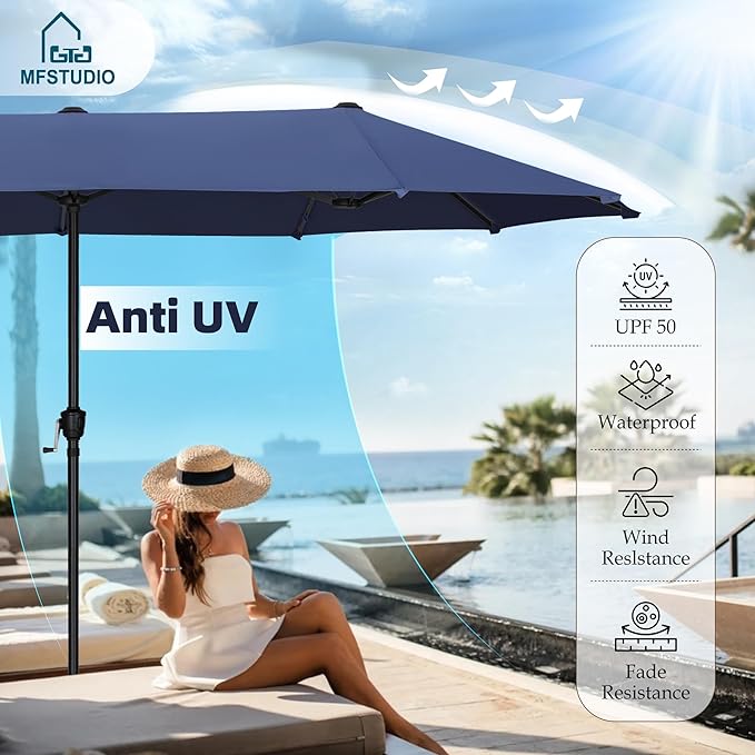 MFSTUDIO 13ft Outdoor Patio Umbrella, Double Sided Large Rectangular Umbrella Market Table Twin Triple Rectangle Umbrellas with Crank Handle for Outside Picnic Backyard Deck Pool (no base)