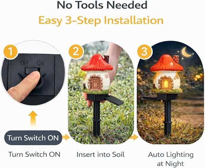 Solar Garden Lights Outdoor, 2 Pack Decorative Solar Mushroom House Pathway Lights Waterproof, Resin Fairy Garden Lights for Yard Lawn Walkway Patio Decor
