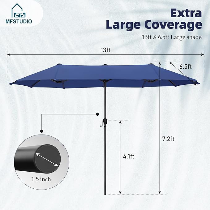 MFSTUDIO 13ft Outdoor Patio Umbrella, Double Sided Large Rectangular Umbrella Market Table Twin Triple Rectangle Umbrellas with Crank Handle for Outside Picnic Backyard Deck Pool (no base)