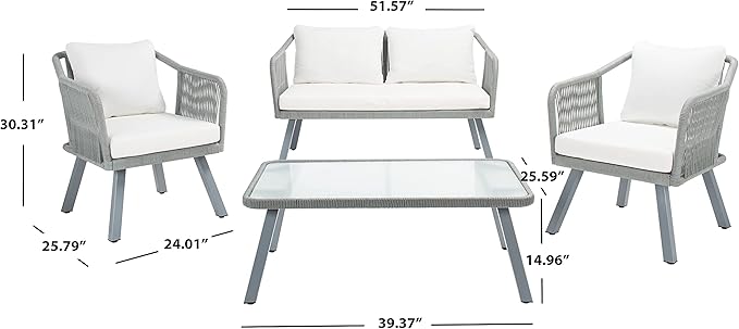 Safavieh Outdoor Collection Torsla Wicker Cushion 4-Piece Rope Patio Backyard Living Set PAT7520A, Grey/Beige