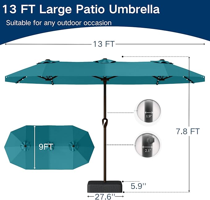 Large Patio Umbrella with Solar Lights and Base, Double-Sided Outdoor Rectangle Umbrella with 48 LED Lights, Market Table Umbrellas with UV Resistant Canopy