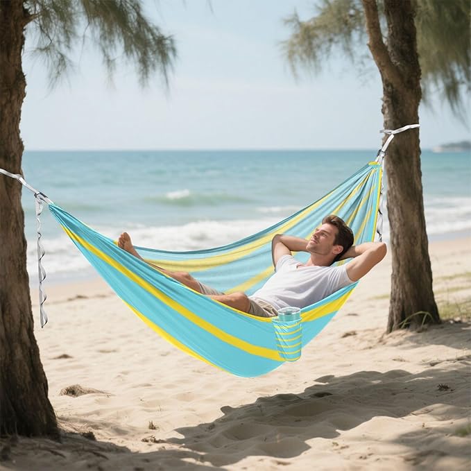 Blue-Yellow Horizontal Stripes 330lb Capacity Camping Hammocks with Portabl Carry Bag Hanging Hammock for Indoor Outdoor Patio hamaca para Patio Exterior