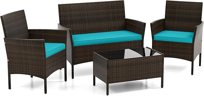 DORTALA 4-Piece Rattan Patio Furniture Set, Outdoor Table & Chair Set with Tempered Glass Coffee Table, Cushion, Wicker Conversation Set for Garden, Lawn, Poolside and Backyard, Turquoise