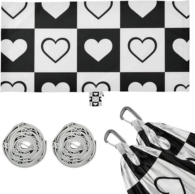 Plaid Black White Hearts Shape 330lb Capacity Camping Hammock Tree Hammock for Camping Travel Accessories hamaca con soporte para adultos