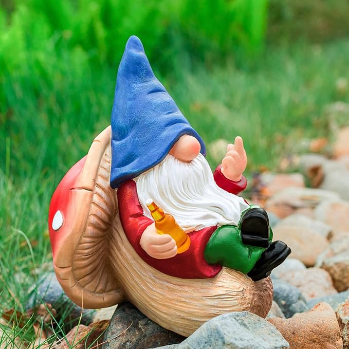 Middle Finger Gnome Statue Naughty Garden Gnomes Funny Drunk Gnome on Mushroom Indoor Outdoor Summer Decoration for Yard Lawn Home Christmas Birthday Gag Gift