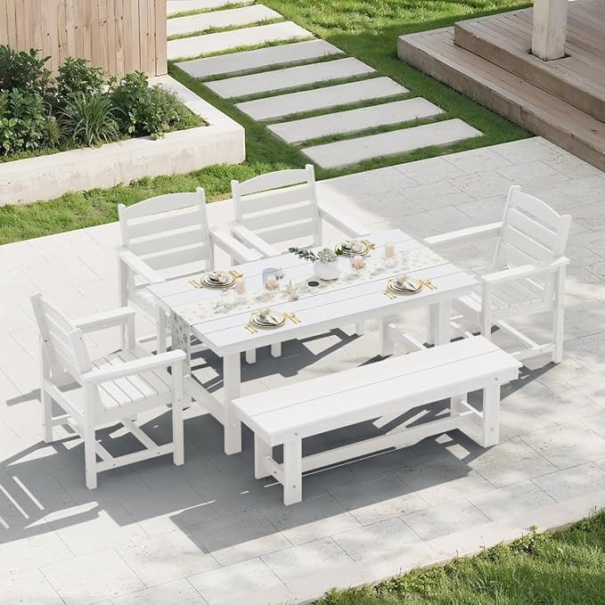 KINGYES 6-Piece Patio Dining Set, HDPE Outdoor Table and Chairs with Bench, White