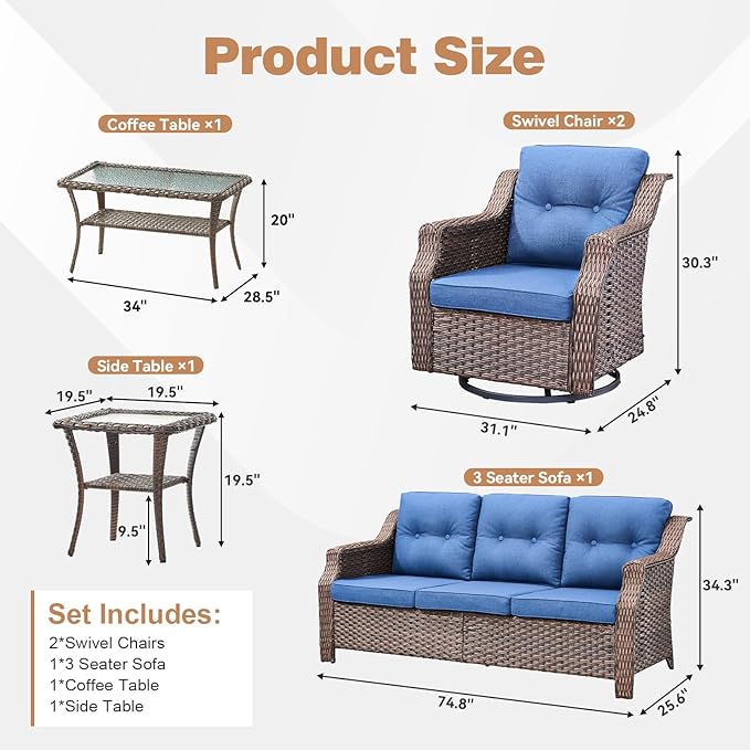 Outdoor Swivel Rocking Chair Set (5-Piece), Rocking Chair with Sofa and Coffee Table Set, Crafted from PE Rattan with an Elegant Side Table, Ideal for Gardens and Patios, Brown/Blue