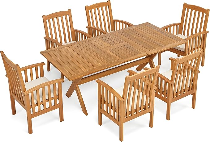 VilroCaz 7 Pieces Acacia Wood Outdoor Dining Set, All-Weather Extendable Table Large Table and 6 Armchairs for Lawn Backyard Garden Deck Poolside (Teak-)