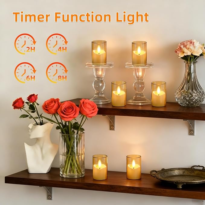 Rechargeable Acrylic Flameless LED Tea Lights with Timer, Flickering Warm Glow Votive Candles, Remote Battery Operated Set for Holiday & Daily Table Decor (Set of 6, Amber)