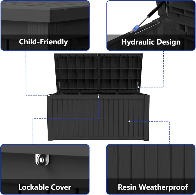 200 Gallon Outdoor Storage Box Resin Deck Box All Weather Waterproof Large Lockable Storage Container Deck Box for Patio Furniture, Garden Tools, Lockable, Black