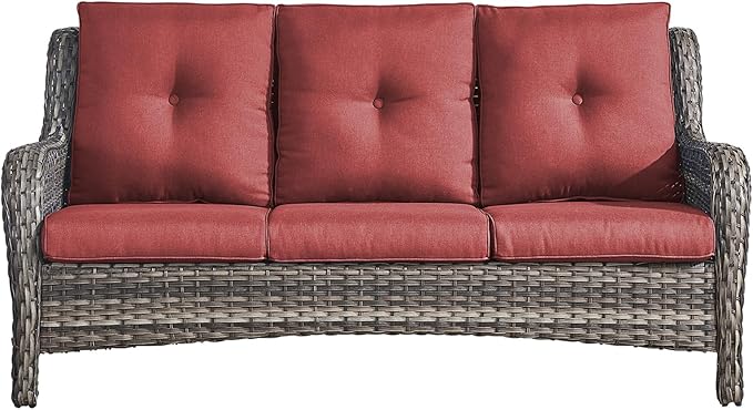Rilyson Outdoor Couch Wicker Patio Sofa - 3 Seat Rattan Sofa with Deep Seating and Comfortable Cushions for Porch Deck Balcony Garden(Mixed Grey/Red)