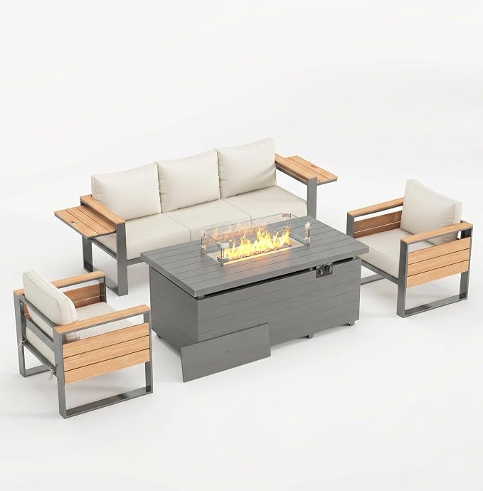 Sundale Outdoor Aluminum Patio Furniture Set with Fire Pit, 4 Piece Patio Conversation Sets with 5" Thick Cushions, Shimmer Coated Outdoor Couch with 2 Extendable Side Tables for Yard, Deck