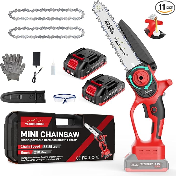 Mini Chainsaw Cordless 8inch, Portable Electric Chainsaw With Batteries,Small Handheld Battery Powered Chain Saw for Tree Trimming, Wood Cutting, Garden Pruning-Red