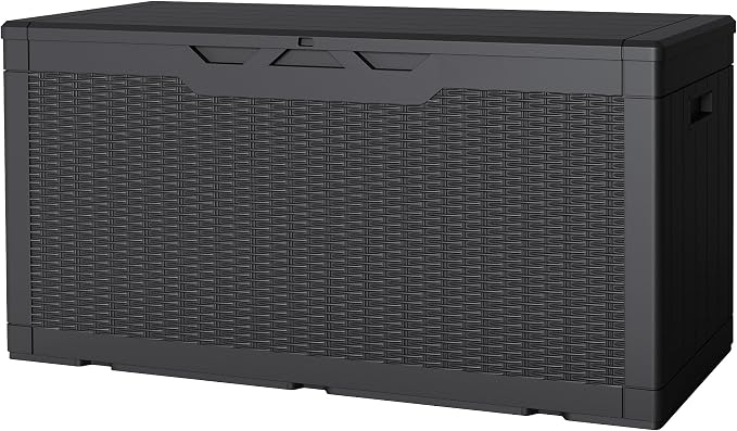 JUMMICO 100 Gallon Resin Deck Box, Waterproof Outdoor Storage Box with Lockable Lid for Garden Tools, Patio Cushions (Black)