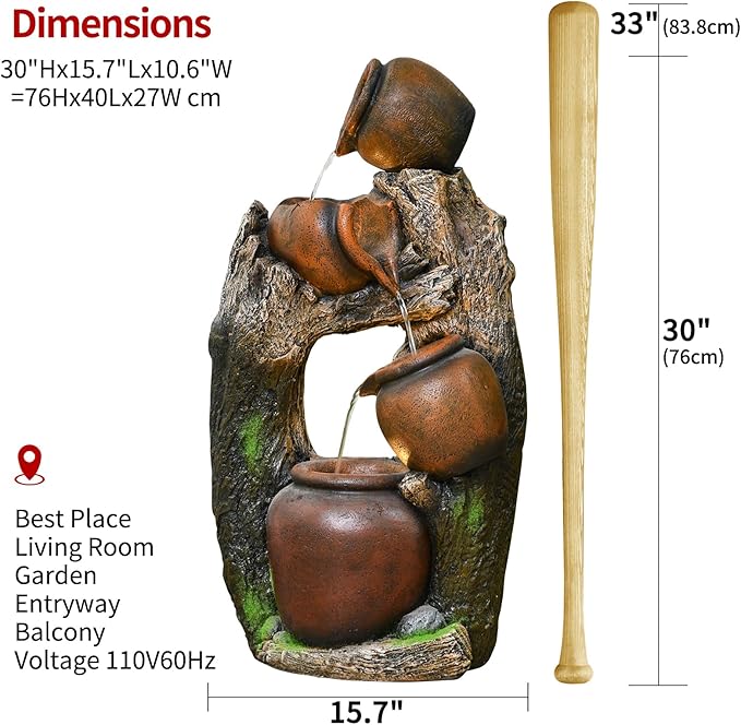 30" Outdoor Garden Water Fountain with Lights 4 Tiers Cascading Large Waterfall Floor Standing Fountain for Patio, Backyard, Deck, Porch and Home Art Decor